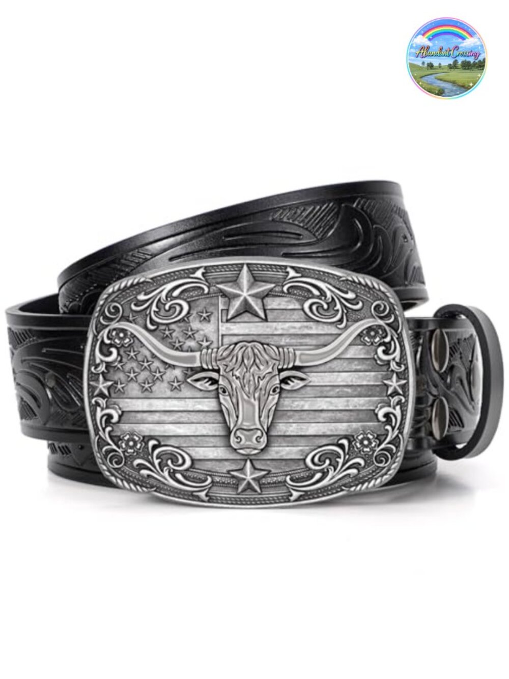 Western Cowboy Belt for Men Women with Bull Horn Buckle